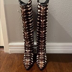 New Antonio Melani Brown Zebrs print leather knee high boots size 8.5M